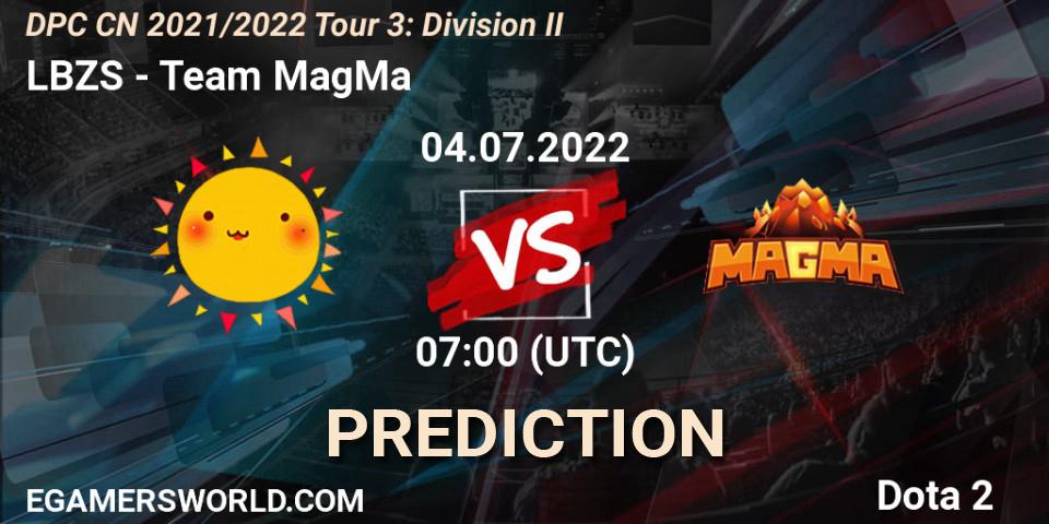 Pronóstico LBZS - Team MagMa. 04.07.2022 at 06:58, Dota 2, DPC CN 2021/2022 Tour 3: Division II