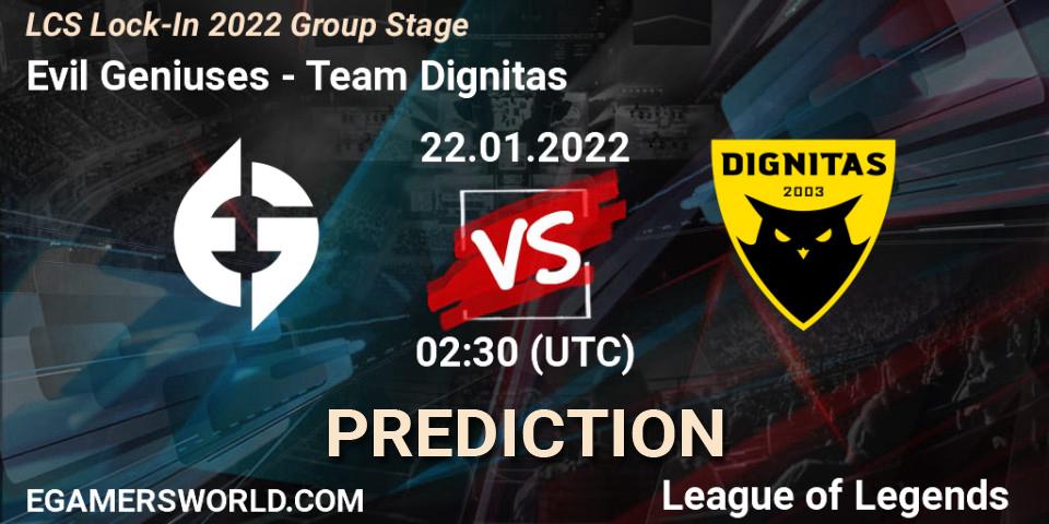 Pronóstico Evil Geniuses - Team Dignitas. 22.01.2022 at 02:30, LoL, LCS Lock-In 2022 Group Stage