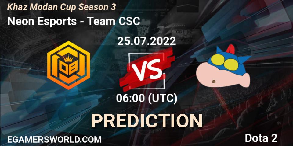 Pronóstico Neon Esports - Team CSC. 25.07.2022 at 06:12, Dota 2, Khaz Modan Cup Season 3