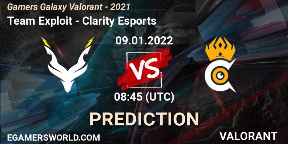 Pronóstico Team Exploit - Clarity Esports. 09.01.2022 at 08:45, VALORANT, Gamers Galaxy Valorant - 2021