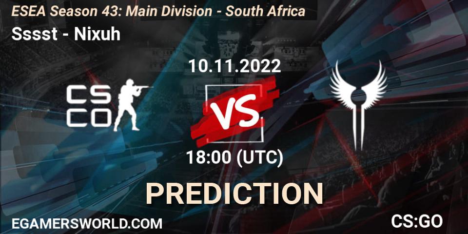 Pronóstico Sssst - DNMK. 10.11.22, CS2 (CS:GO), ESEA Season 43: Main Division - South Africa