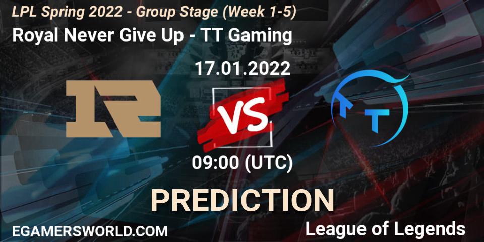 Pronóstico Royal Never Give Up - TT Gaming. 17.01.2022 at 09:00, LoL, LPL Spring 2022 - Group Stage (Week 1-5)