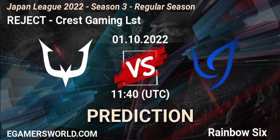 Pronóstico REJECT - Crest Gaming Lst. 01.10.2022 at 11:40, Rainbow Six, Japan League 2022 - Season 3 - Regular Season