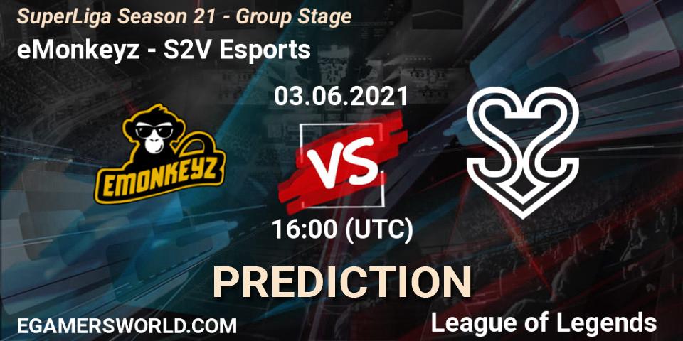 Pronóstico eMonkeyz - S2V Esports. 03.06.2021 at 16:00, LoL, SuperLiga Season 21 - Group Stage 