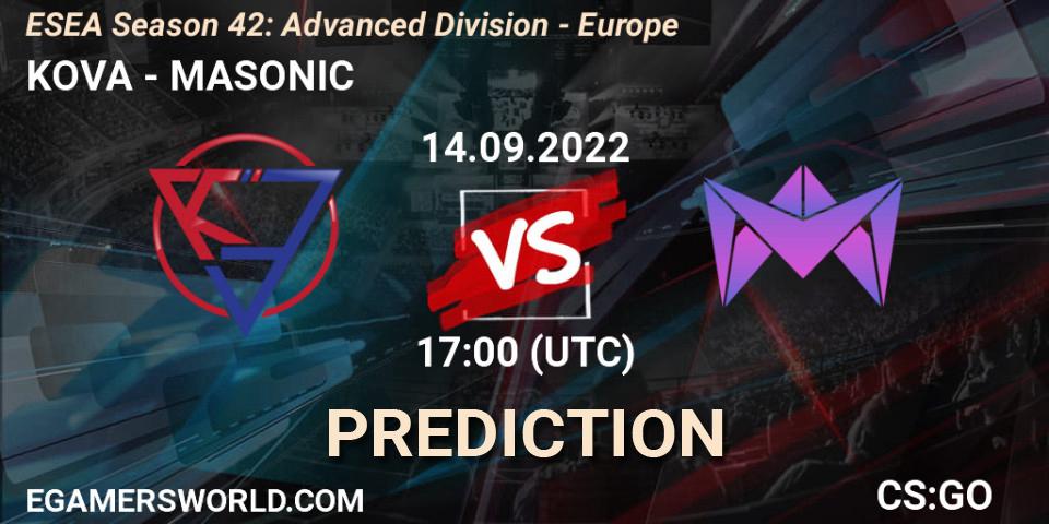 Pronóstico KOVA - MASONIC. 14.09.22, CS2 (CS:GO), ESEA Season 42: Advanced Division - Europe