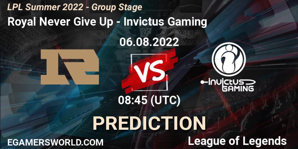Pronóstico Royal Never Give Up - Invictus Gaming. 06.08.2022 at 09:00, LoL, LPL Summer 2022 - Group Stage