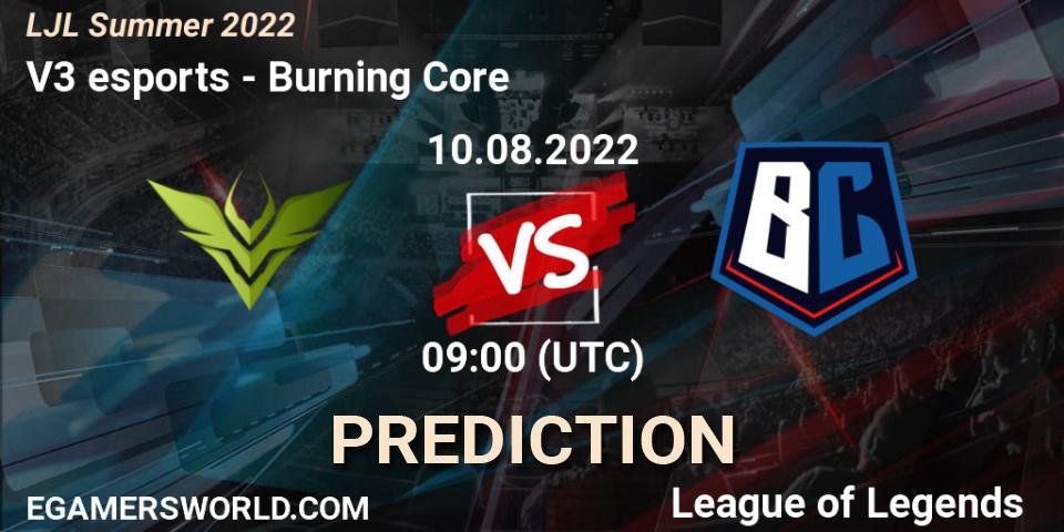 Pronóstico V3 esports - Burning Core. 10.08.2022 at 09:00, LoL, LJL Summer 2022