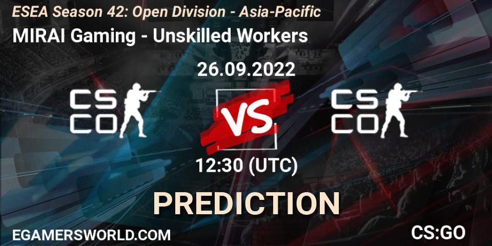 Pronóstico MIRAI Gaming - Unskilled Workers. 27.09.2022 at 13:00, Counter-Strike (CS2), ESEA Season 42: Open Division - Asia-Pacific