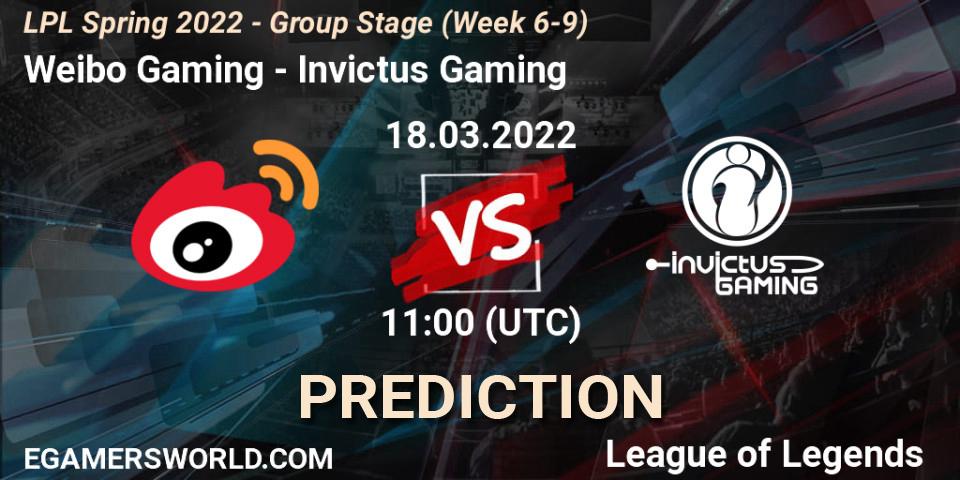 Pronóstico Weibo Gaming - Invictus Gaming. 18.03.2022 at 11:00, LoL, LPL Spring 2022 - Group Stage (Week 6-9)