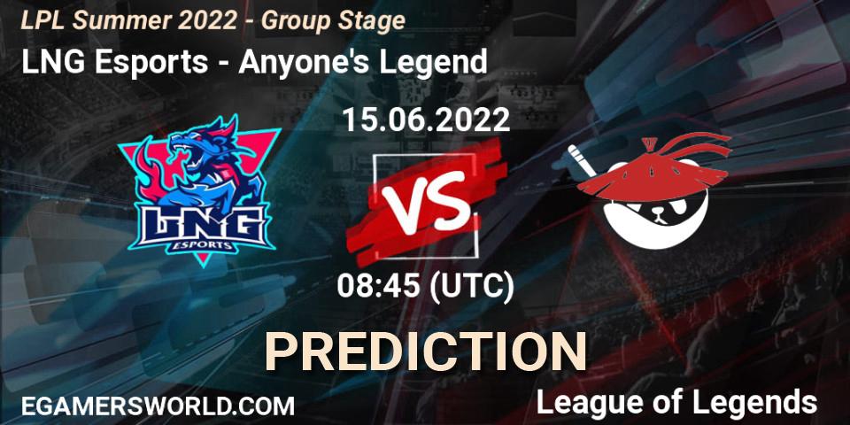 Pronóstico LNG Esports - Anyone's Legend. 15.06.2022 at 09:00, LoL, LPL Summer 2022 - Group Stage