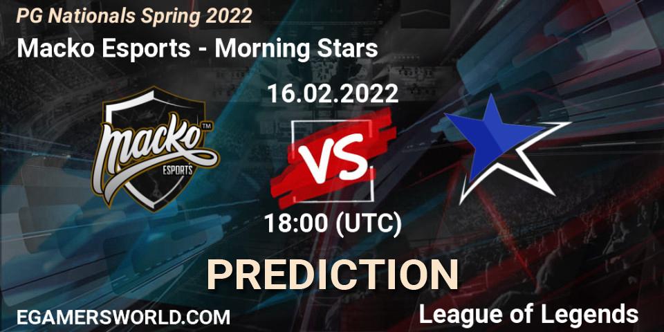 Pronóstico Macko Esports - Morning Stars. 16.02.2022 at 18:00, LoL, PG Nationals Spring 2022