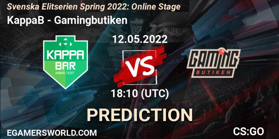 Pronóstico KappaB - Gamingbutiken. 12.05.2022 at 18:10, Counter-Strike (CS2), Svenska Elitserien Spring 2022: Online Stage