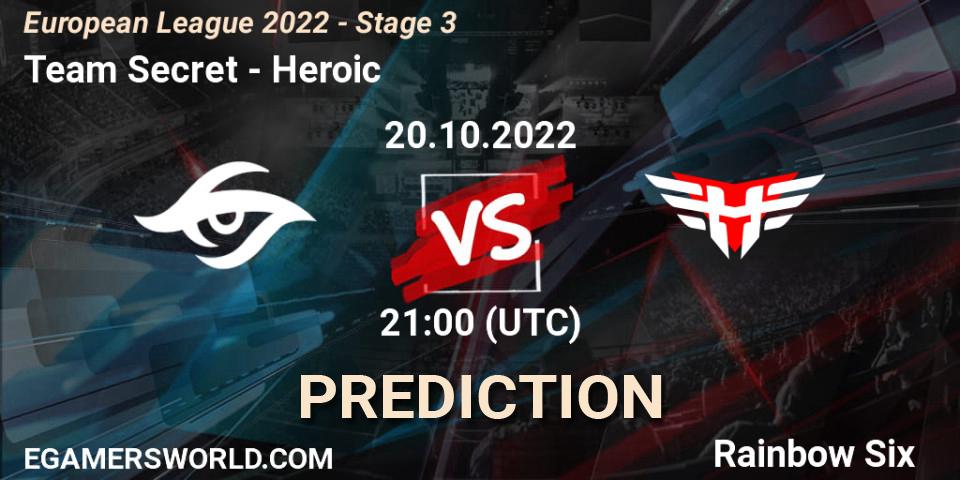 Pronóstico Team Secret - Heroic. 20.10.2022 at 21:00, Rainbow Six, European League 2022 - Stage 3
