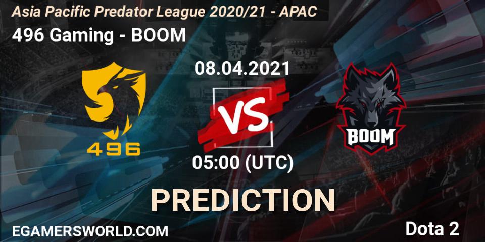 Pronóstico 496 Gaming - BOOM. 08.04.21, Dota 2, Asia Pacific Predator League 2020/21 - APAC