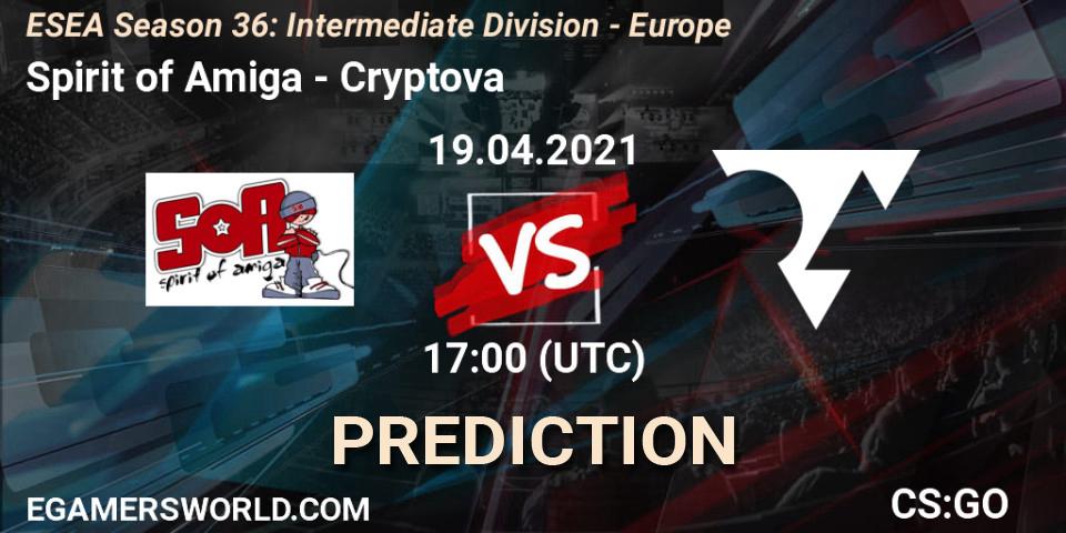 Pronóstico Spirit of Amiga - Cryptova. 19.04.2021 at 17:00, Counter-Strike (CS2), ESEA Season 36: Intermediate Division - Europe