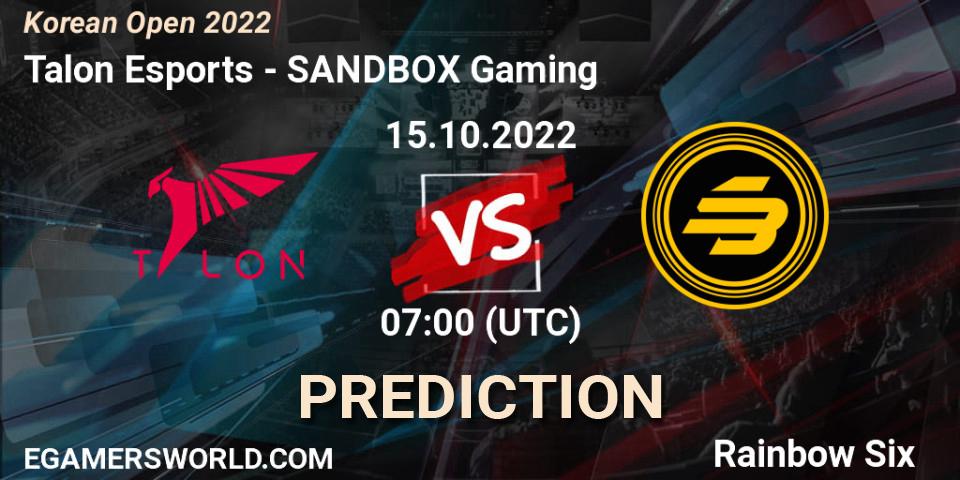 Pronóstico Talon Esports - SANDBOX Gaming. 15.10.2022 at 07:00, Rainbow Six, Korean Open 2022