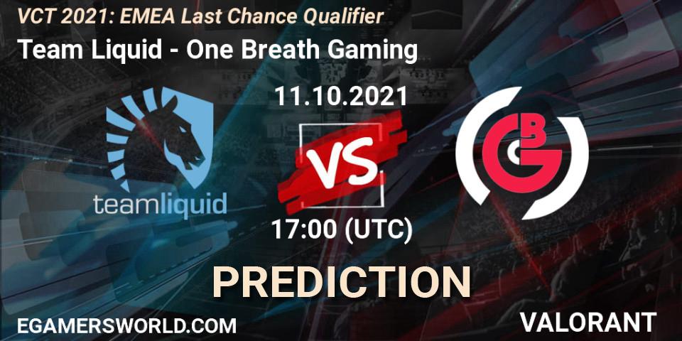 Pronóstico Team Liquid - One Breath Gaming. 11.10.2021 at 18:45, VALORANT, VCT 2021: EMEA Last Chance Qualifier