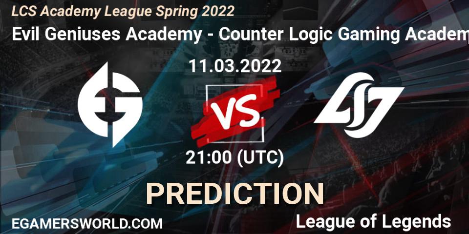 Pronóstico Evil Geniuses Academy - Counter Logic Gaming Academy. 11.03.2022 at 21:00, LoL, LCS Academy League Spring 2022