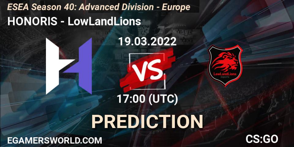 Pronóstico HONORIS - LowLandLions. 19.03.2022 at 17:00, Counter-Strike (CS2), ESEA Season 40: Advanced Division - Europe