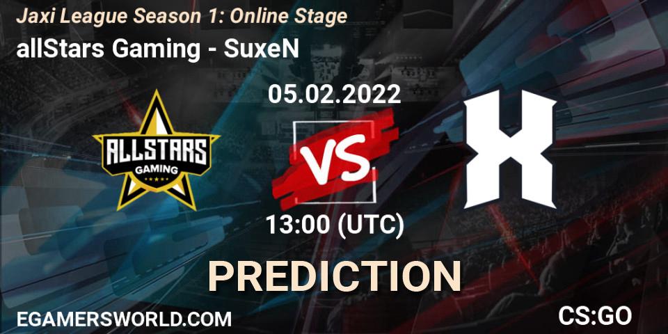 Pronóstico allStars Gaming - SuxeN. 05.02.2022 at 13:00, Counter-Strike (CS2), Jaxi League Season 1: Online Stage