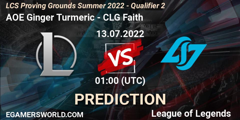 Pronóstico AOE Ginger Turmeric - CLG Faith. 13.07.2022 at 00:00, LoL, LCS Proving Grounds Summer 2022 - Qualifier 2