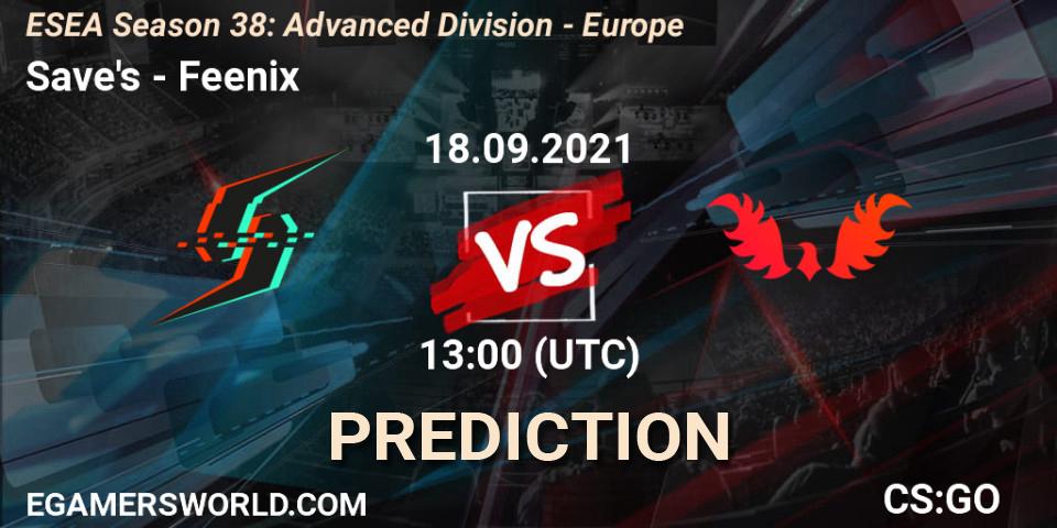 Pronóstico Save's - Feenix. 18.09.2021 at 13:00, Counter-Strike (CS2), ESEA Season 38: Advanced Division - Europe