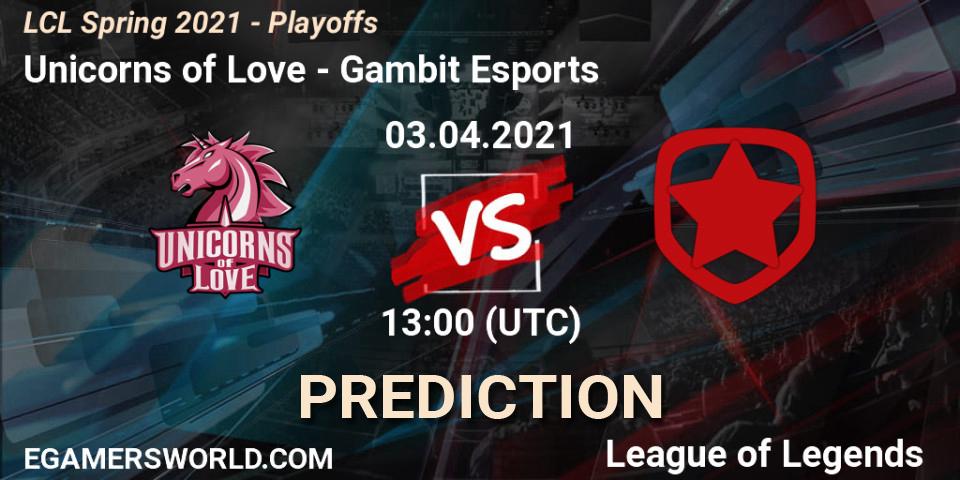 Pronóstico Unicorns of Love - Gambit Esports. 03.04.21, LoL, LCL Spring 2021 - Playoffs