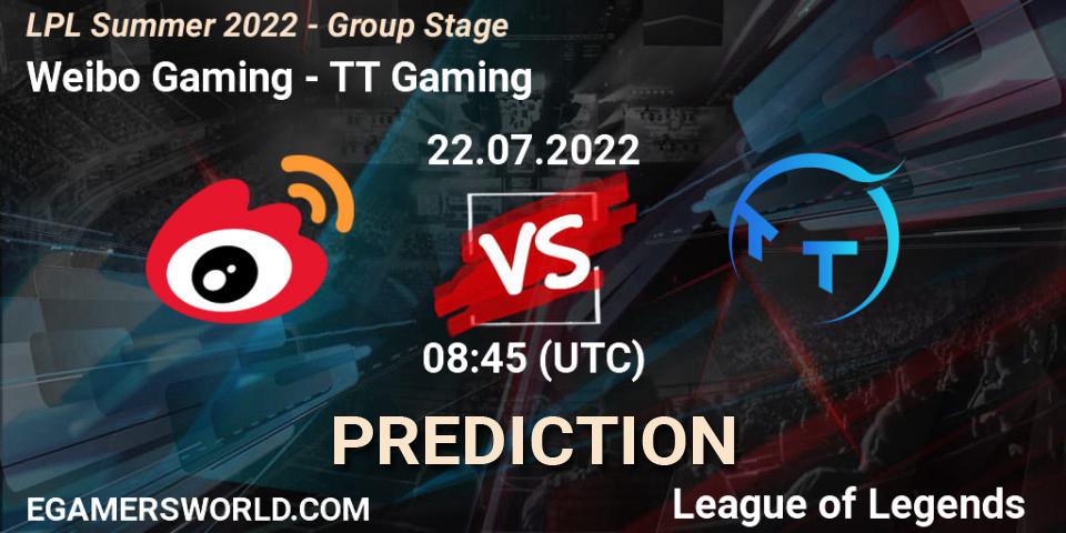 Pronóstico Weibo Gaming - TT Gaming. 22.07.2022 at 09:00, LoL, LPL Summer 2022 - Group Stage