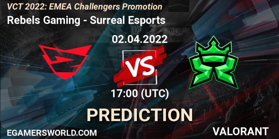 Pronóstico Rebels Gaming - Surreal Esports. 02.04.2022 at 17:25, VALORANT, VCT 2022: EMEA Challengers Promotion