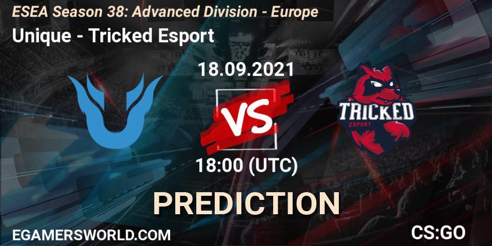 Pronóstico Unique - Tricked Esport. 18.09.2021 at 18:00, Counter-Strike (CS2), ESEA Season 38: Advanced Division - Europe