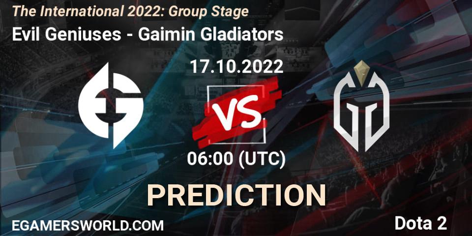 Pronóstico Evil Geniuses - Gaimin Gladiators. 17.10.2022 at 07:29, Dota 2, The International 2022: Group Stage