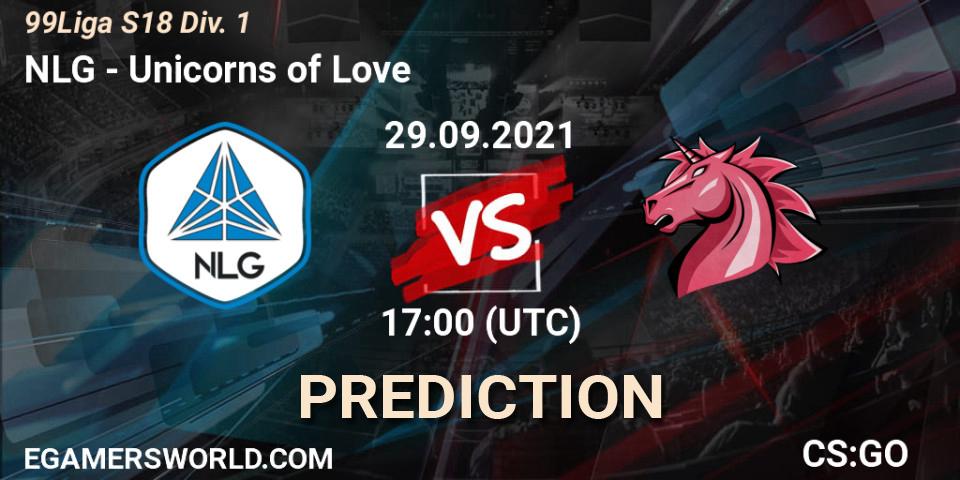 Pronóstico NLG - Unicorns of Love. 29.09.2021 at 17:00, Counter-Strike (CS2), 99Liga S18 Div. 1
