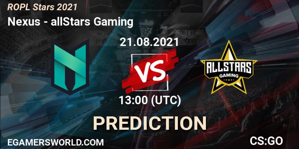 Pronóstico Nexus - allStars Gaming. 21.08.21, CS2 (CS:GO), ROPL Stars 2021