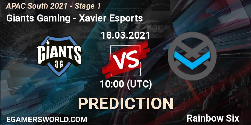 Pronóstico Giants Gaming - Xavier Esports. 18.03.2021 at 11:30, Rainbow Six, APAC South 2021 - Stage 1