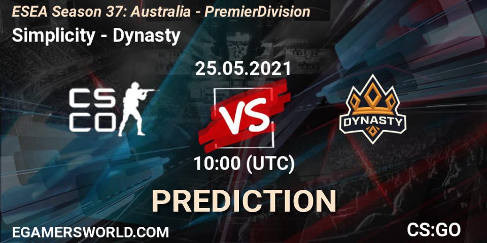 Pronóstico Simplicity - Dynasty. 25.05.2021 at 10:00, Counter-Strike (CS2), ESEA Season 37: Australia - Premier Division