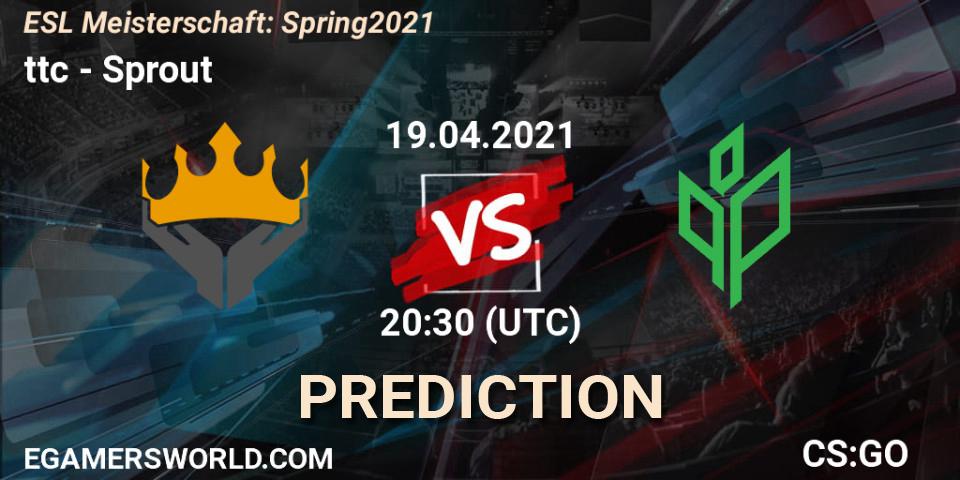 Pronóstico ttc - Sprout. 19.04.2021 at 20:30, Counter-Strike (CS2), ESL Meisterschaft: Spring 2021