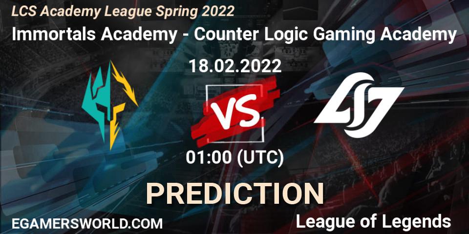 Pronóstico Immortals Academy - Counter Logic Gaming Academy. 18.02.2022 at 00:50, LoL, LCS Academy League Spring 2022