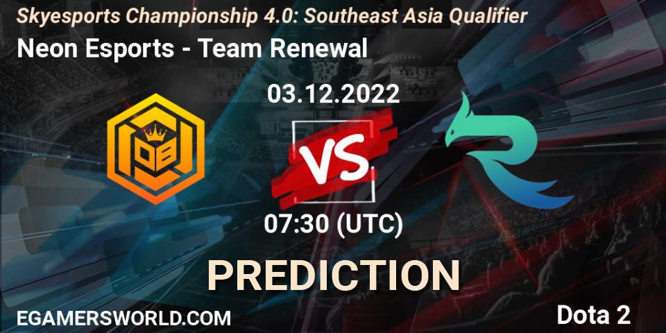 Pronóstico Neon Esports - Team Renewal. 03.12.2022 at 07:29, Dota 2, Skyesports Championship 4.0: Southeast Asia Qualifier