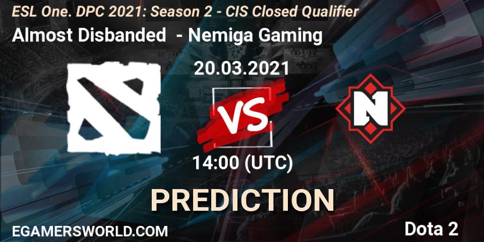 Pronóstico Almost Disbanded - Nemiga Gaming. 20.03.2021 at 14:14, Dota 2, ESL One. DPC 2021: Season 2 - CIS Closed Qualifier