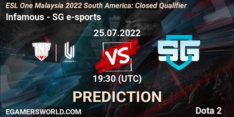 Pronóstico Infamous - SG e-sports. 25.07.2022 at 19:33, Dota 2, ESL One Malaysia 2022 South America: Closed Qualifier