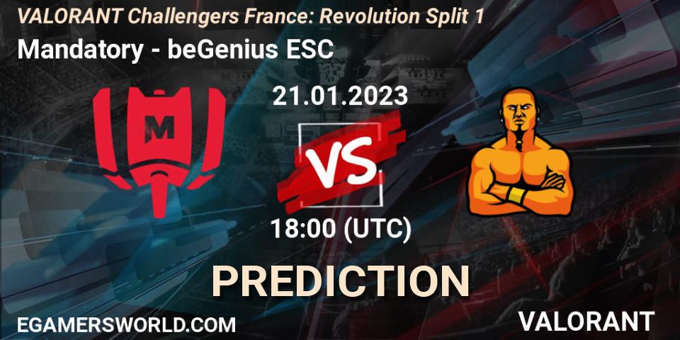 Pronóstico Mandatory - beGenius ESC. 21.01.2023 at 18:00, VALORANT, VALORANT Challengers 2023 France: Revolution Split 1