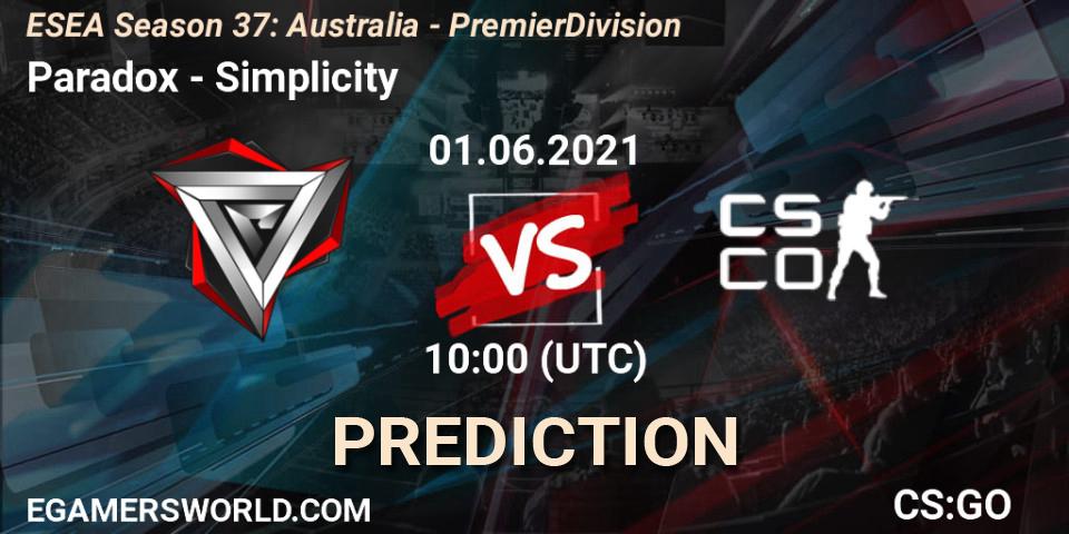 Pronóstico Paradox - Simplicity. 01.06.2021 at 10:00, Counter-Strike (CS2), ESEA Season 37: Australia - Premier Division