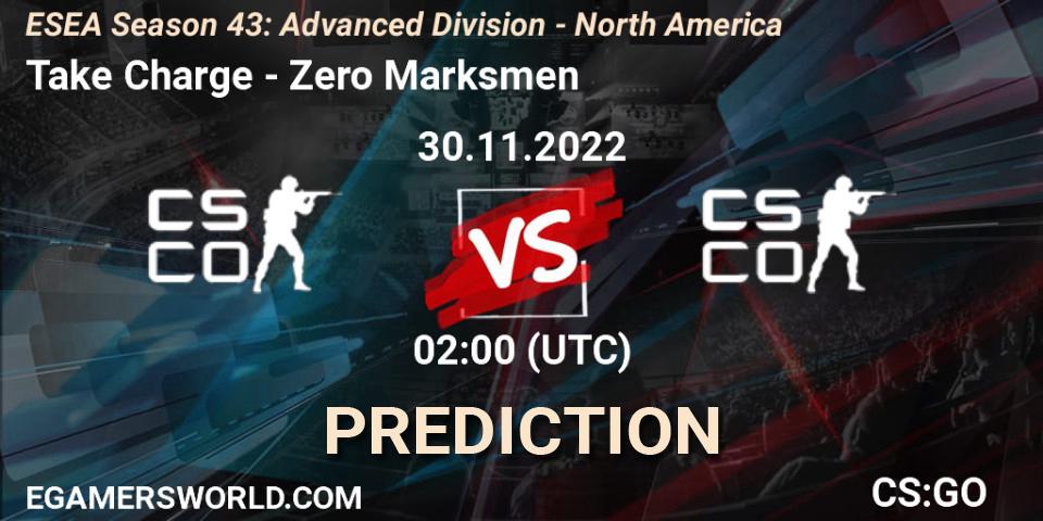Pronóstico Take Charge - Zero Marksmen. 30.11.2022 at 02:00, Counter-Strike (CS2), ESEA Season 43: Advanced Division - North America