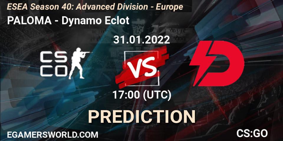 Pronóstico PALOMA - Dynamo Eclot. 31.01.22, CS2 (CS:GO), ESEA Season 40: Advanced Division - Europe