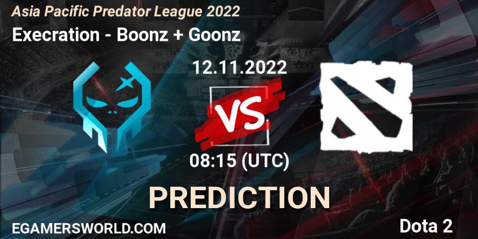 Pronóstico Execration - Boonz + Goonz. 12.11.2022 at 08:15, Dota 2, Asia Pacific Predator League 2022