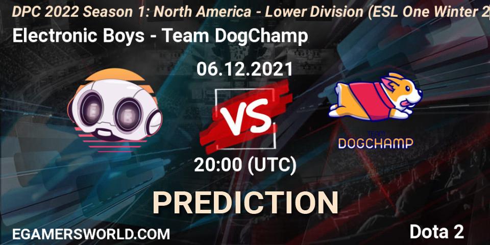 Pronóstico Electronic Boys - Team DogChamp. 06.12.2021 at 19:57, Dota 2, DPC 2022 Season 1: North America - Lower Division (ESL One Winter 2021)