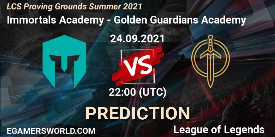 Pronóstico Immortals Academy - Golden Guardians Academy. 24.09.2021 at 22:00, LoL, LCS Proving Grounds Summer 2021
