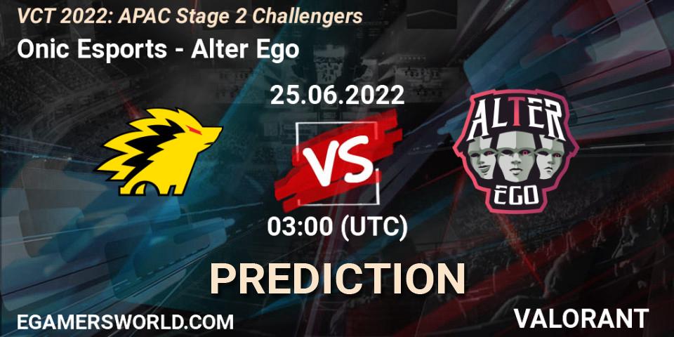 Pronóstico Onic Esports - Alter Ego. 25.06.2022 at 03:00, VALORANT, VCT 2022: APAC Stage 2 Challengers