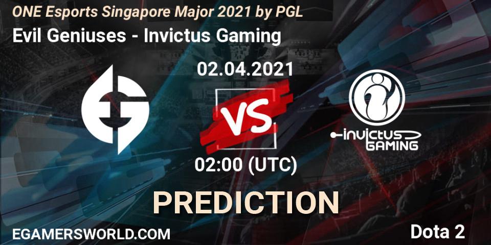 Pronóstico Evil Geniuses - Invictus Gaming. 02.04.2021 at 02:02, Dota 2, ONE Esports Singapore Major 2021
