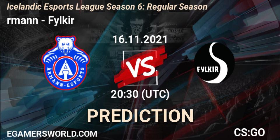 Pronóstico Ármann - Fylkir. 16.11.2021 at 20:30, Counter-Strike (CS2), Icelandic Esports League Season 6: Regular Season